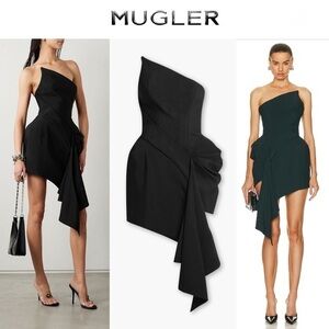 MUGLER Strapless Asymmetric Gathered Twill Mini Dress in Black  sz FR 36 US 4